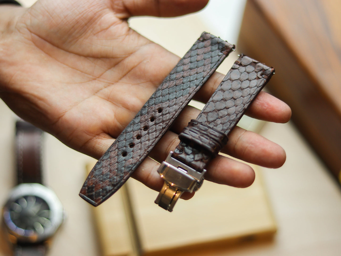 PYTHON SKIN WATCH STRAPS WITH BUTTERFLY CLASP - PECAN BROWN