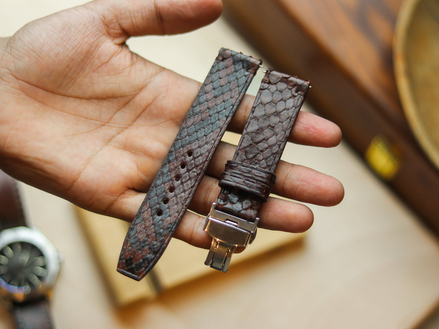 PYTHON SKIN WATCH STRAPS WITH BUTTERFLY CLASP - PECAN BROWN