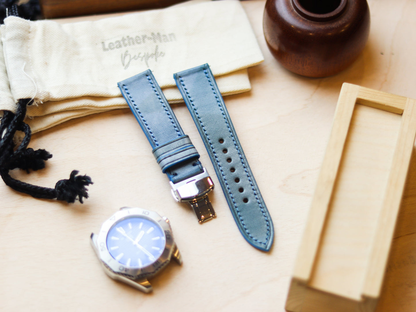 ITALIAN WAXED CAMOUFLAGE HAND-CRAFTED STRAPS FULL STITCHED - ARCTIC BLUE