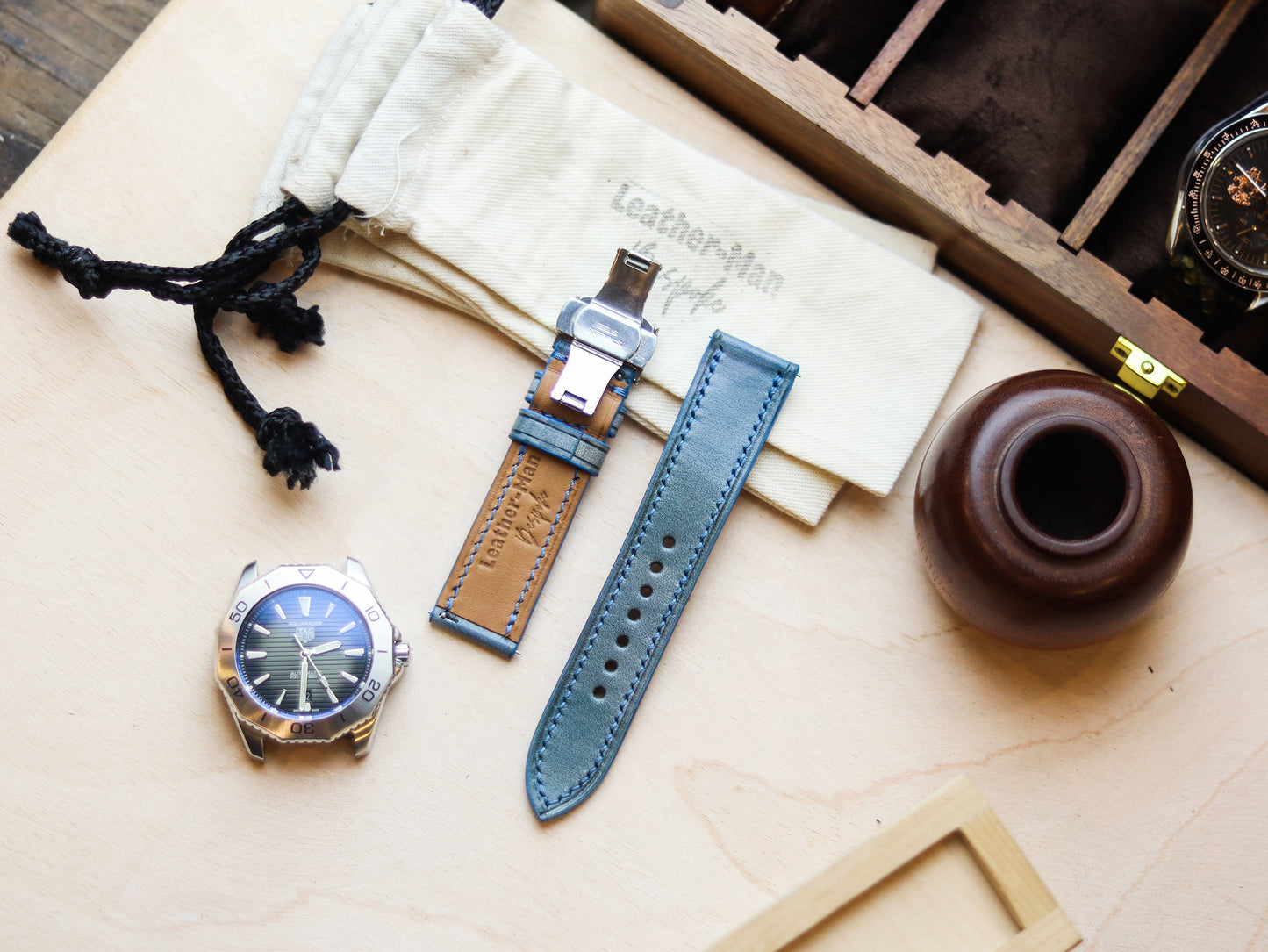 ITALIAN WAXED CAMOUFLAGE HAND-CRAFTED STRAPS FULL STITCHED - ARCTIC BLUE