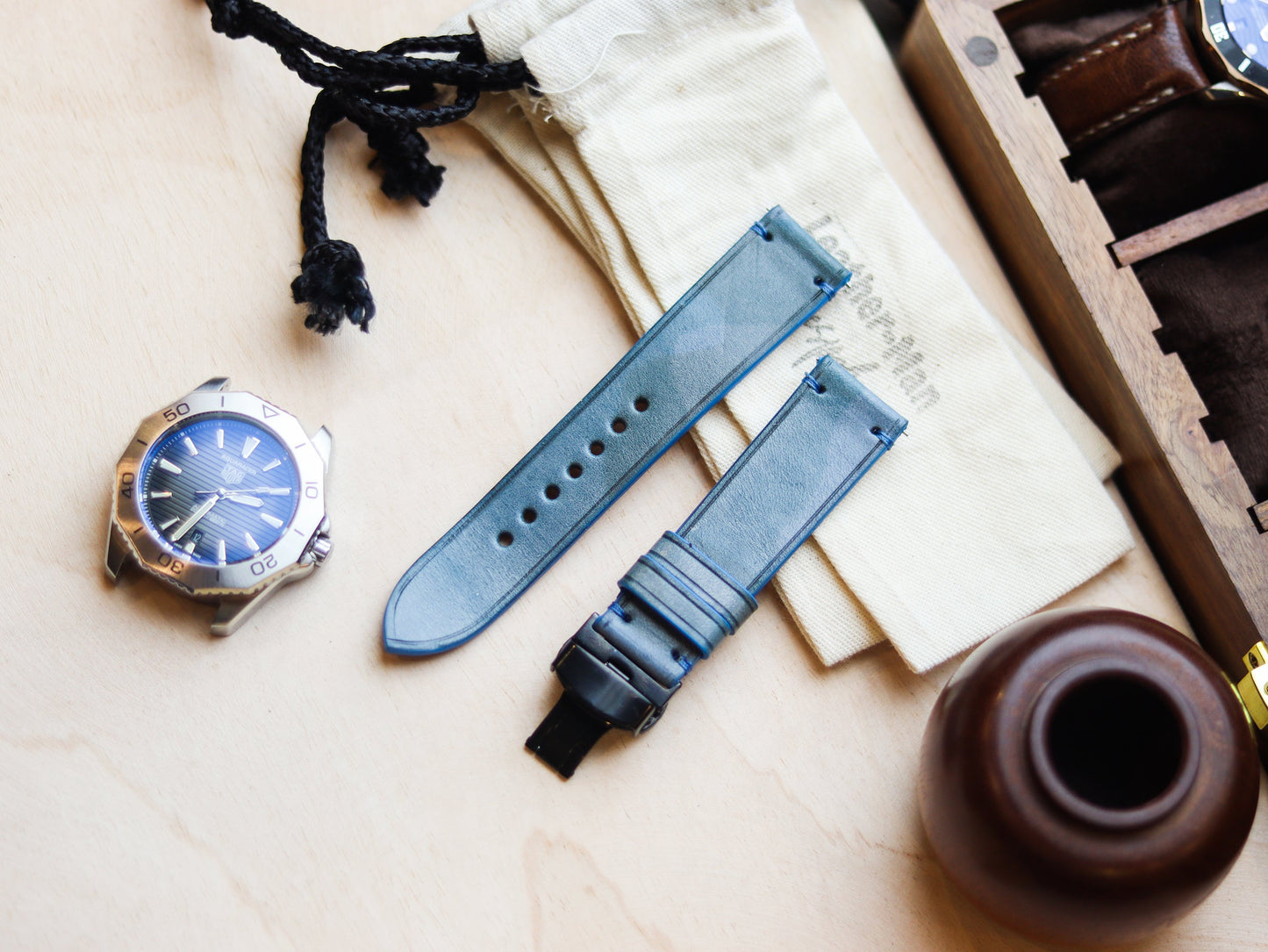 ITALIAN WAXED CAMOUFLAGE HAND-CRAFTED STRAPS MINIMAL STITCHED - ARCTIC BLUE