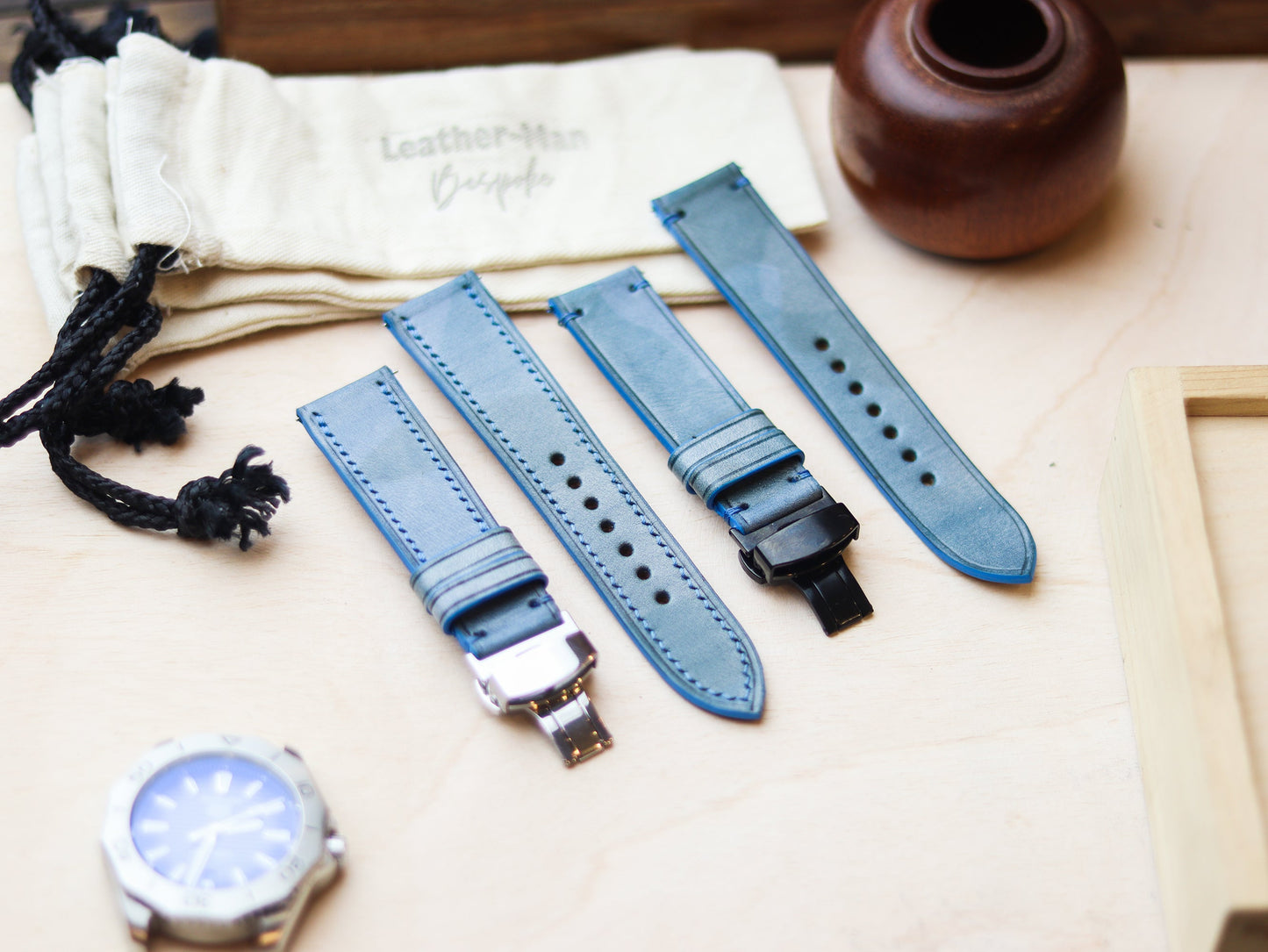 ITALIAN WAXED CAMOUFLAGE HAND-CRAFTED STRAPS FULL STITCHED - ARCTIC BLUE