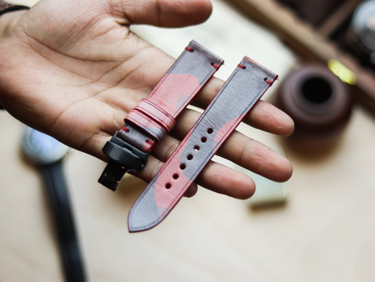 ITALIAN WAXED CAMOUFLAGE HAND-CRAFTED STRAPS MINIMAL STITCHED - COREL RED