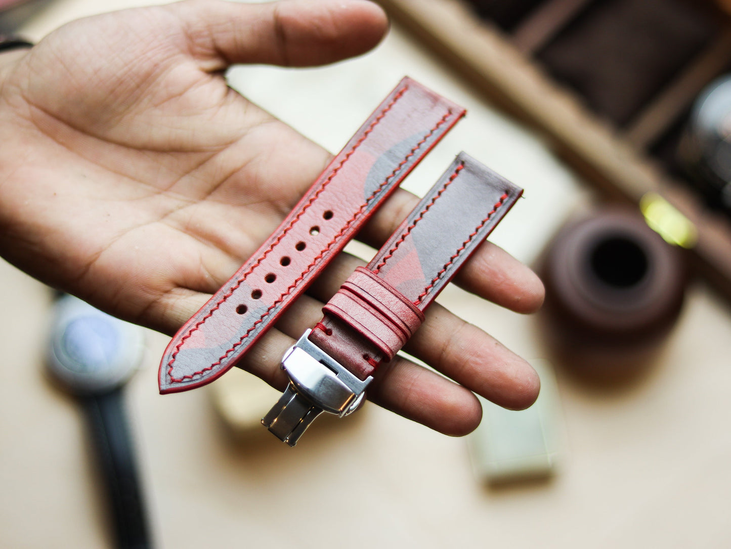 ITALIAN WAXED CAMOUFLAGE HAND-CRAFTED STRAPS FULL STITCHED - COREL RED