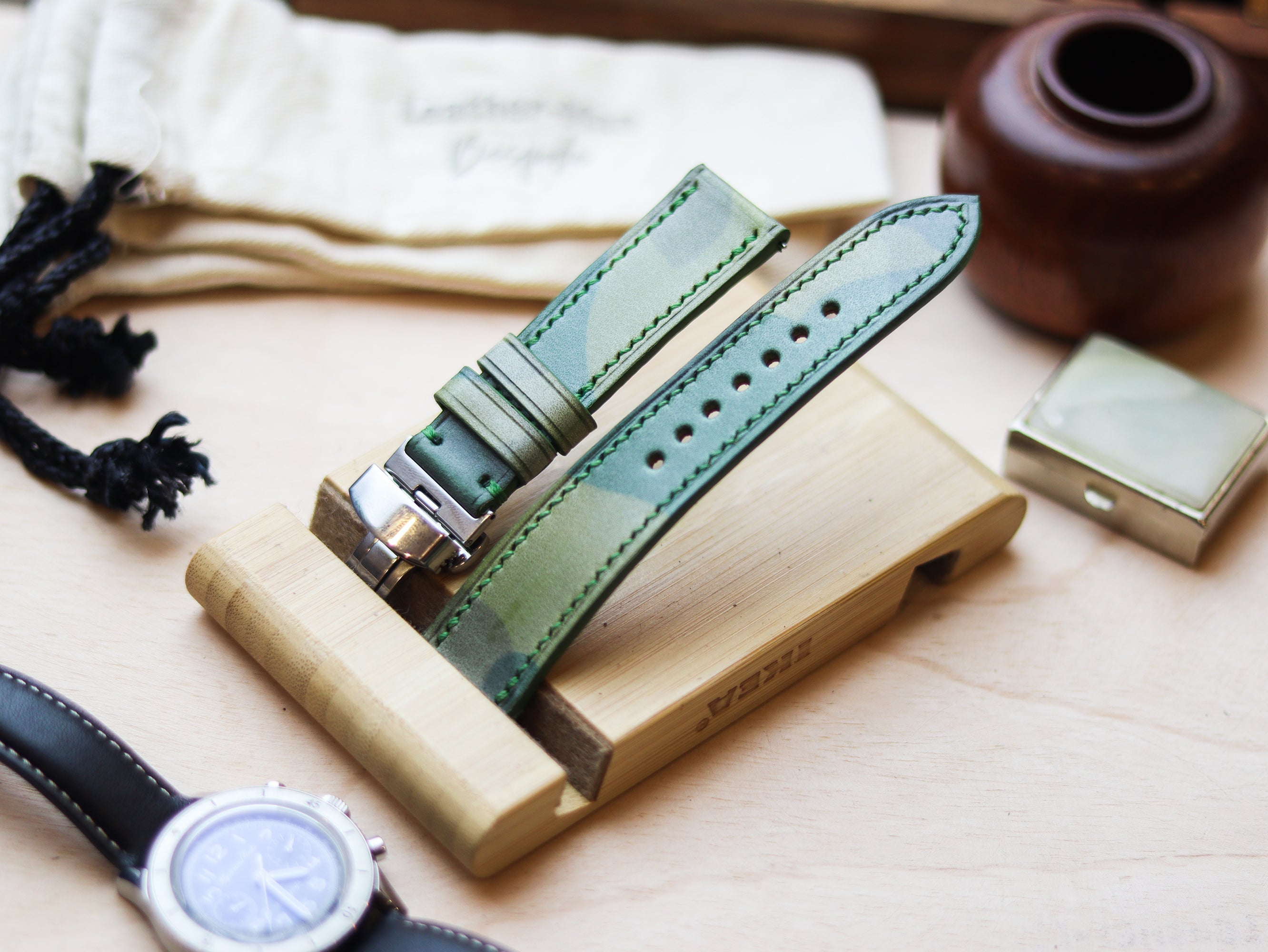 ITALIAN WAXED CAMOUFLAGE HAND-CRAFTED STRAPS FULL STITCHED - LIME GREEN