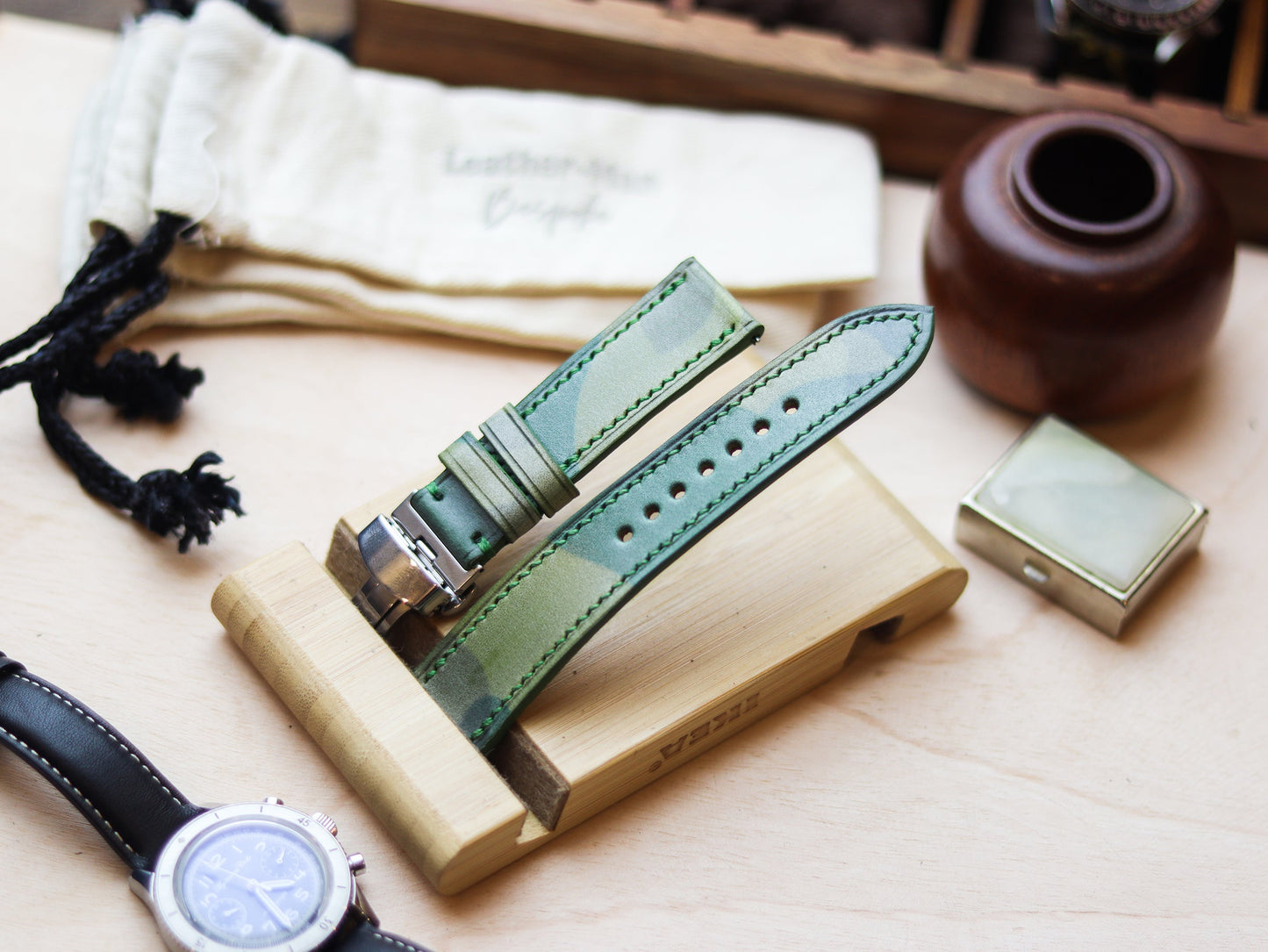 ITALIAN WAXED CAMOUFLAGE HAND-CRAFTED STRAPS FULL STITCHED - LIME GREEN