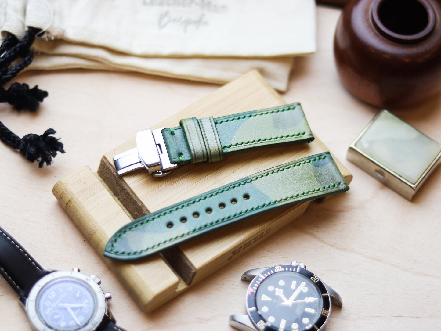 ITALIAN WAXED CAMOUFLAGE HAND-CRAFTED STRAPS FULL STITCHED - LIME GREEN