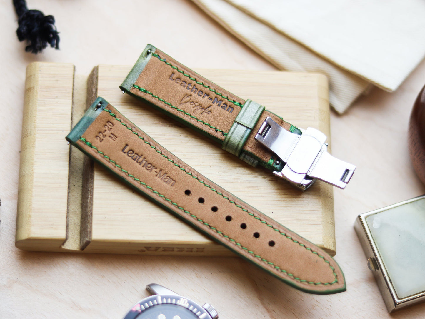 ITALIAN WAXED CAMOUFLAGE HAND-CRAFTED STRAPS FULL STITCHED - LIME GREEN