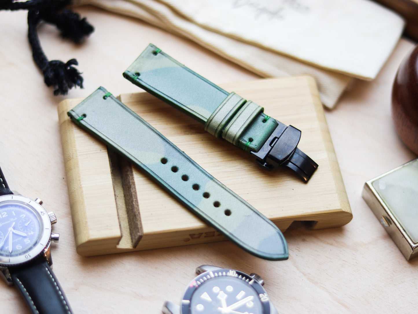 ITALIAN WAXED CAMOUFLAGE HAND-CRAFTED STRAPS MINIMAL STITCHED - MILITARY LIME GREEN