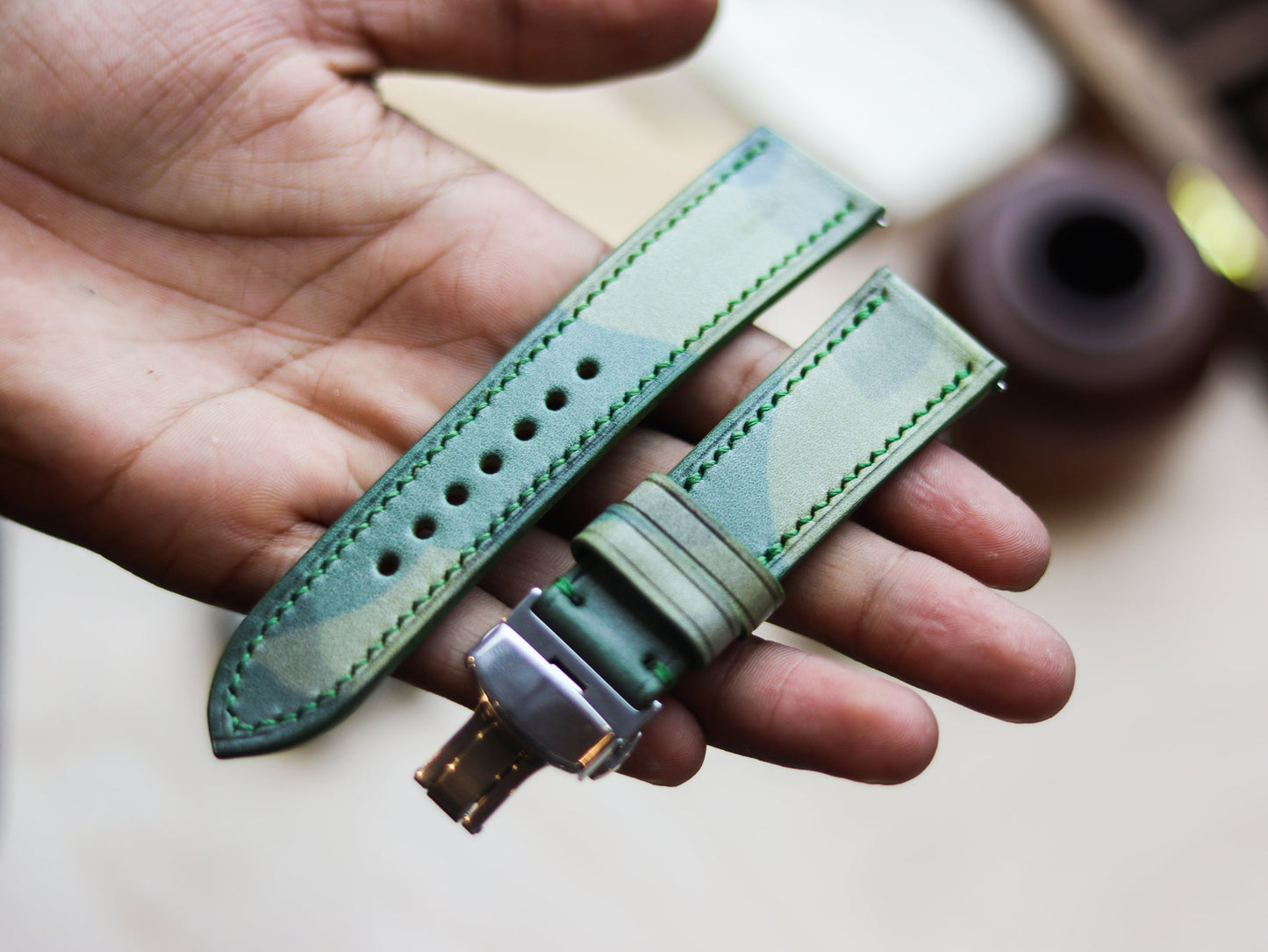 ITALIAN WAXED CAMOUFLAGE HAND-CRAFTED STRAPS FULL STITCHED - LIME GREEN