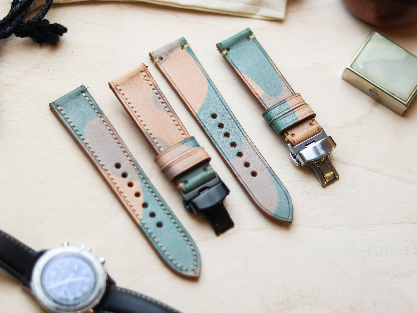 ITALIAN WAXED CAMOUFLAGE HAND-CRAFTED STRAPS MINIMAL STITCHED - MILITARY GREEN (Copy)