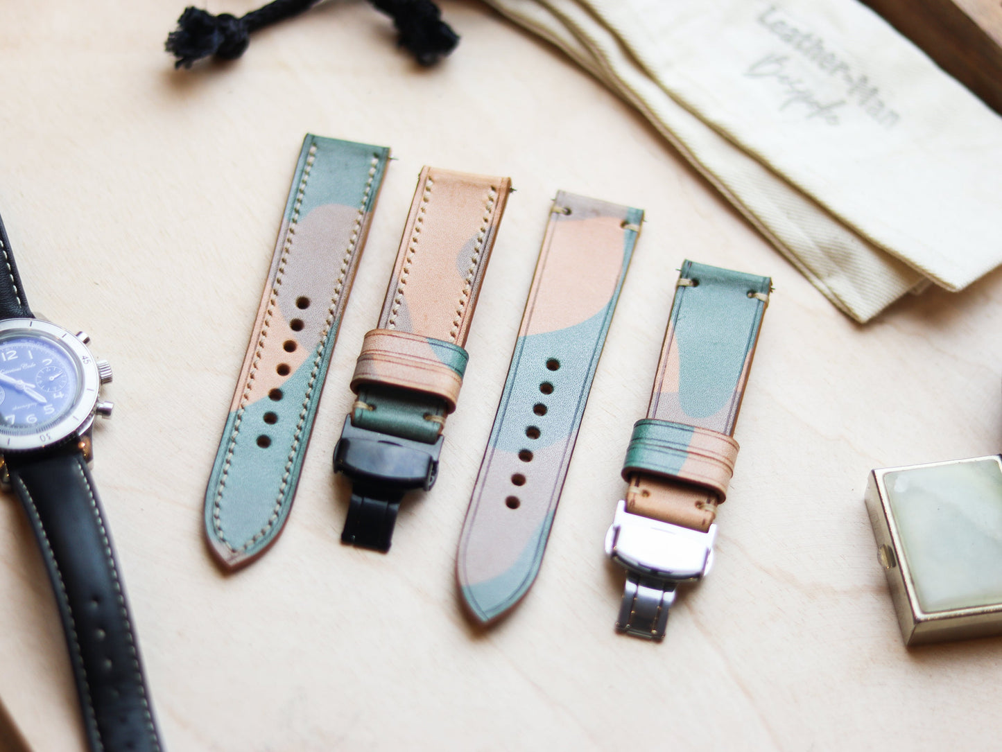 ITALIAN WAXED CAMOUFLAGE HAND-CRAFTED STRAPS MINIMAL STITCHED - MILITARY GREEN (Copy)