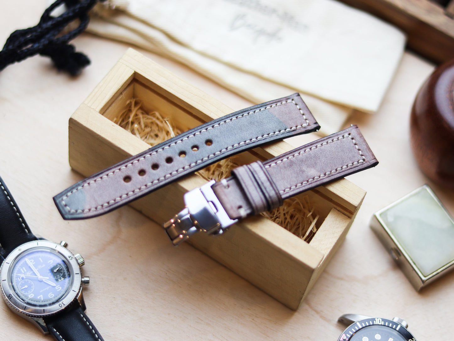 ITALIAN WAXED CAMOUFLAGE HAND-CRAFTED STRAPS BOX STITCHED - COFFEE BROWN
