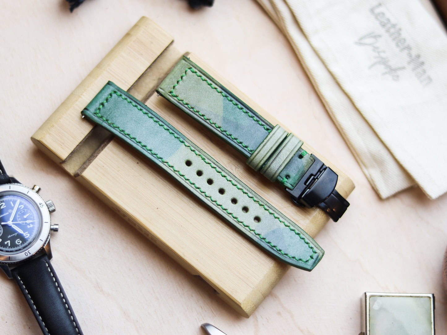 ITALIAN WAXED CAMOUFLAGE HAND-CRAFTED STRAPS BOX STITCHED - LIME GREEN