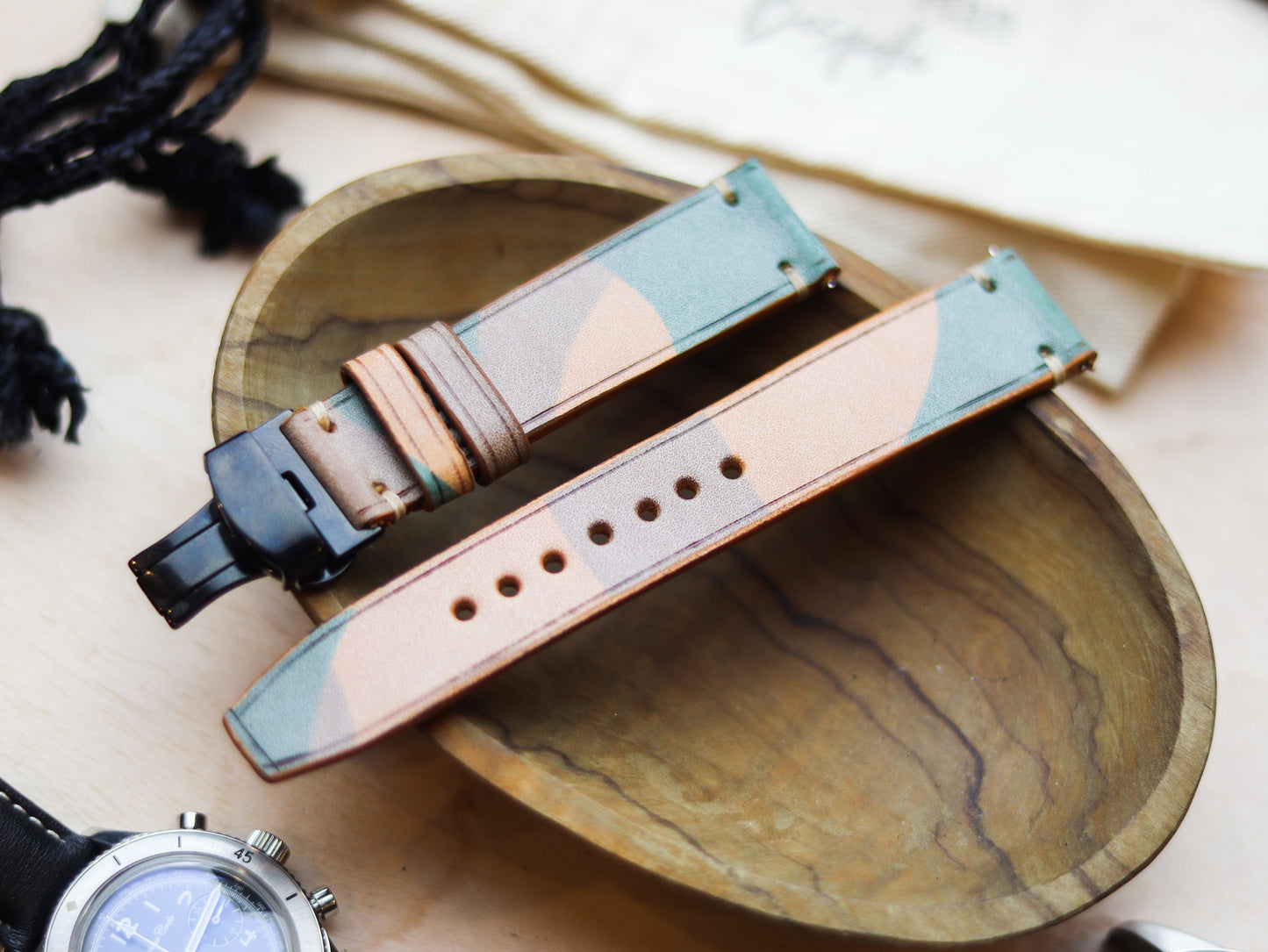 ITALIAN WAXED CAMOUFLAGE HAND-CRAFTED STRAPS MINIMAL STITCHED - MILITARY GREEN (Copy)