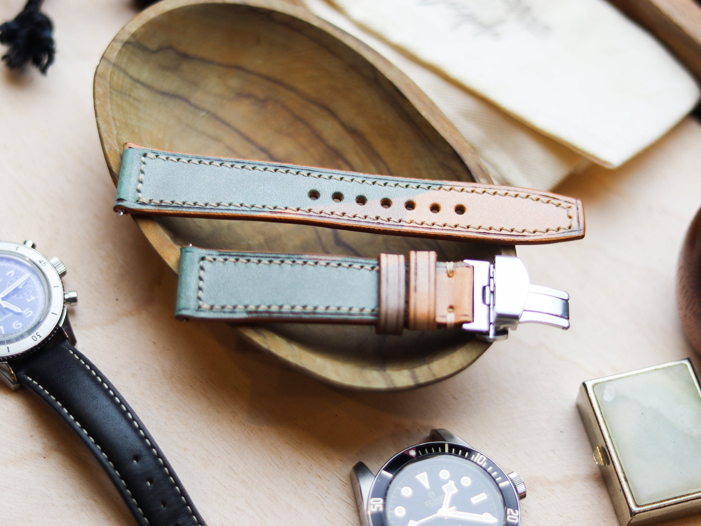 ITALIAN WAXED CAMOUFLAGE HAND-CRAFTED STRAPS FULL STITCHED - MILITARY GREEN (Copy)