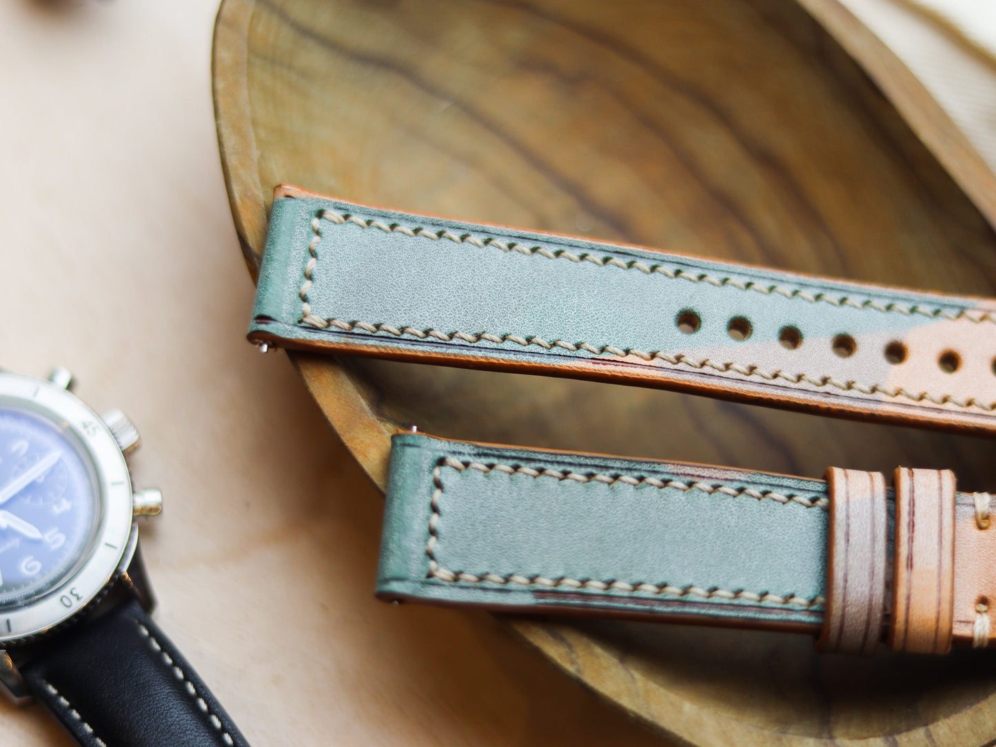 ITALIAN WAXED CAMOUFLAGE HAND-CRAFTED STRAPS FULL STITCHED - MILITARY GREEN (Copy)