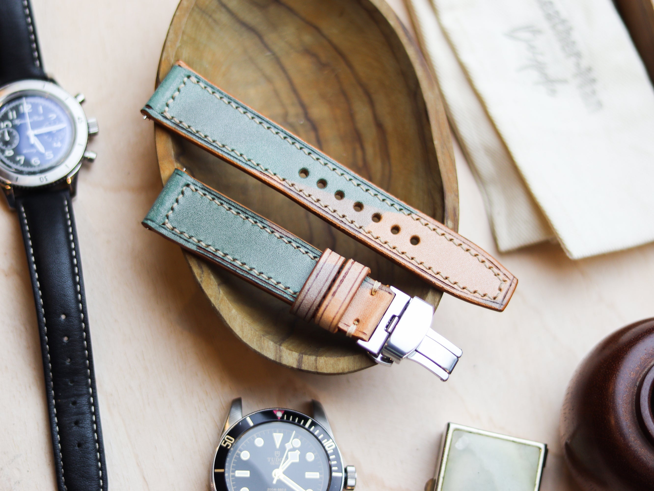 ITALIAN WAXED CAMOUFLAGE HAND-CRAFTED STRAPS FULL STITCHED - MILITARY GREEN (Copy)