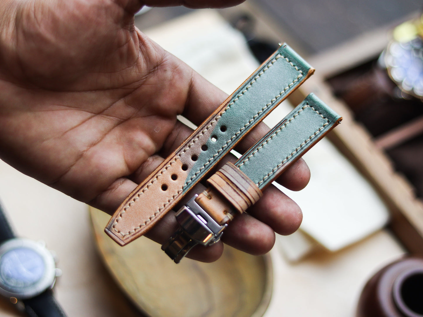 ITALIAN WAXED CAMOUFLAGE HAND-CRAFTED STRAPS FULL STITCHED - MILITARY GREEN (Copy)