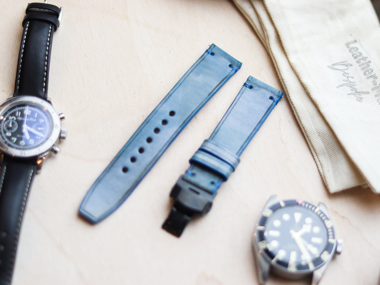 ITALIAN WAXED CAMOUFLAGE HAND-CRAFTED STRAPS MINIMAL STITCHED - ARCTIC BLUE