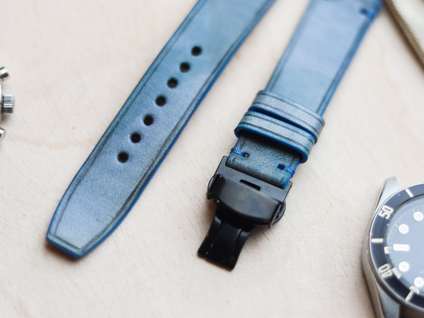 ITALIAN WAXED CAMOUFLAGE HAND-CRAFTED STRAPS MINIMAL STITCHED - ARCTIC BLUE
