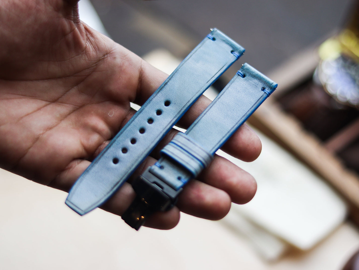 ITALIAN WAXED CAMOUFLAGE HAND-CRAFTED STRAPS MINIMAL STITCHED - ARCTIC BLUE