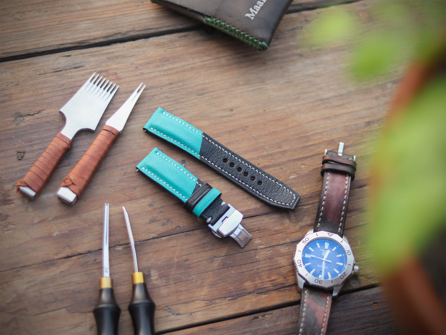 CYAN BLUE & BLACK ITALIAN CHEVRE LEATHER WATCH STRAPS - PADDED
