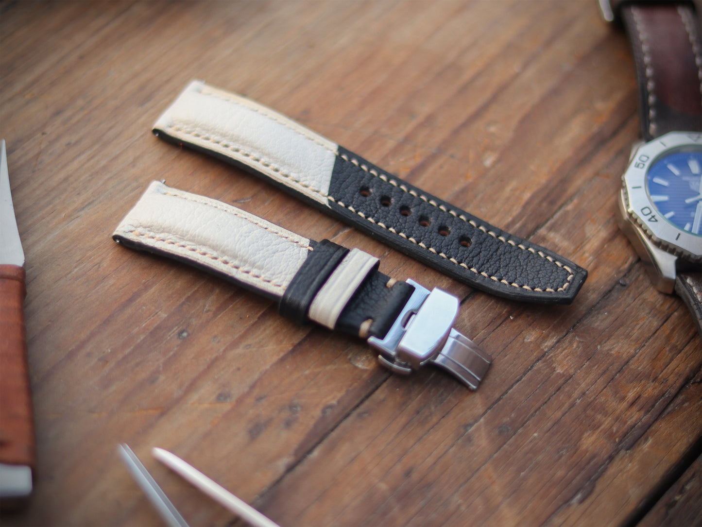 AZURE WHITE & BLACK ITALIAN CHEVRE LEATHER WATCH STRAPS - PADDED